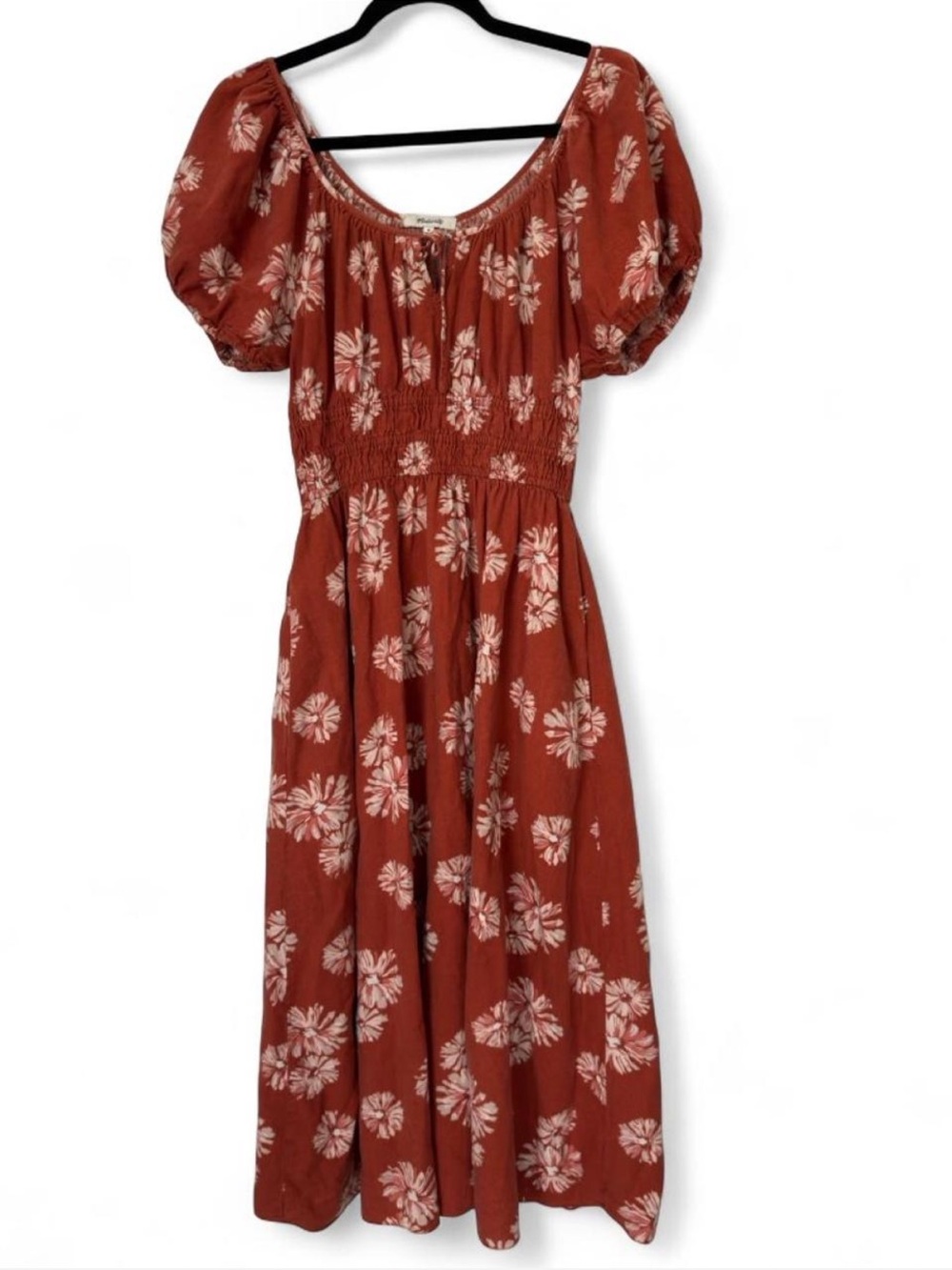 Linen-Blend Sophia Midi Dress by Madewell in floral colorway "Rusty Torch" - M